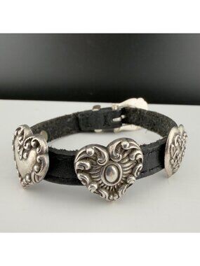 Vintage Brighton Black Leather Heart Bracelet Silver Tone Buckle READ